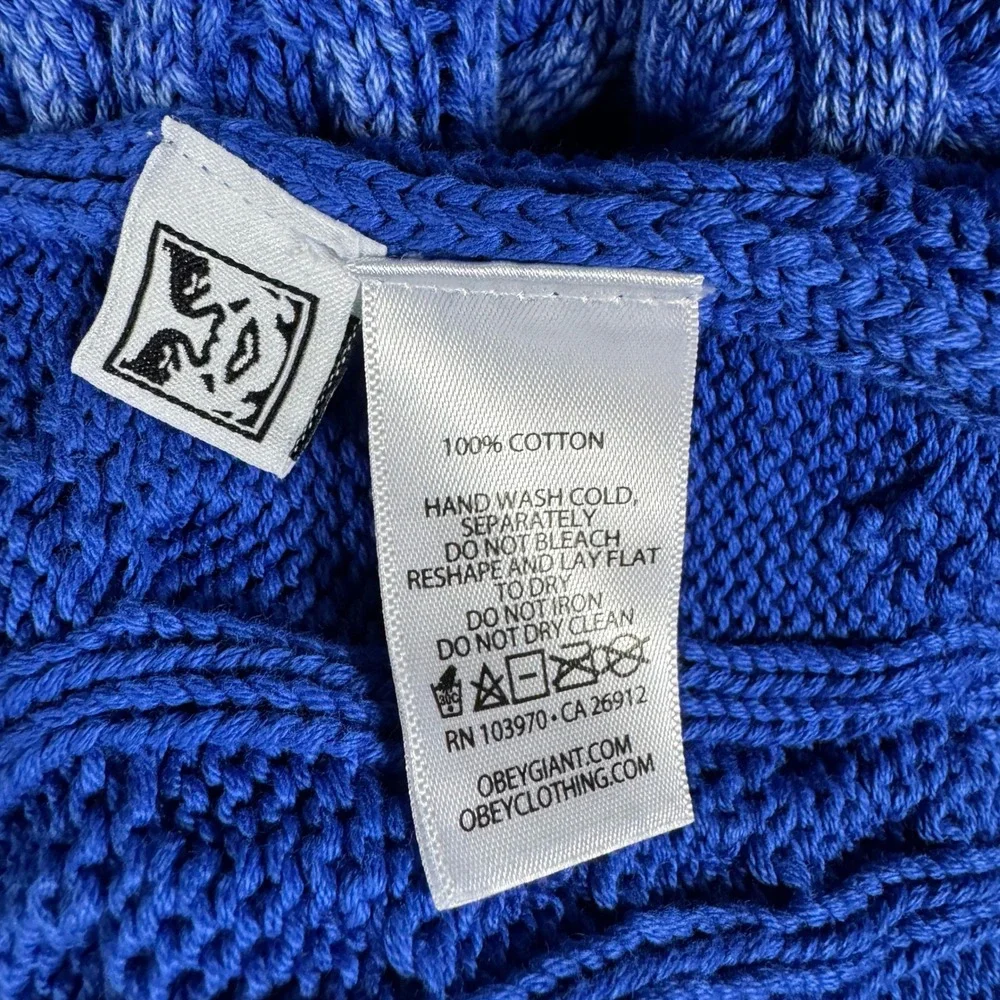 Obey Mens Blue Cable Knit Cotton Pullover Sweater Size Large Streetwear